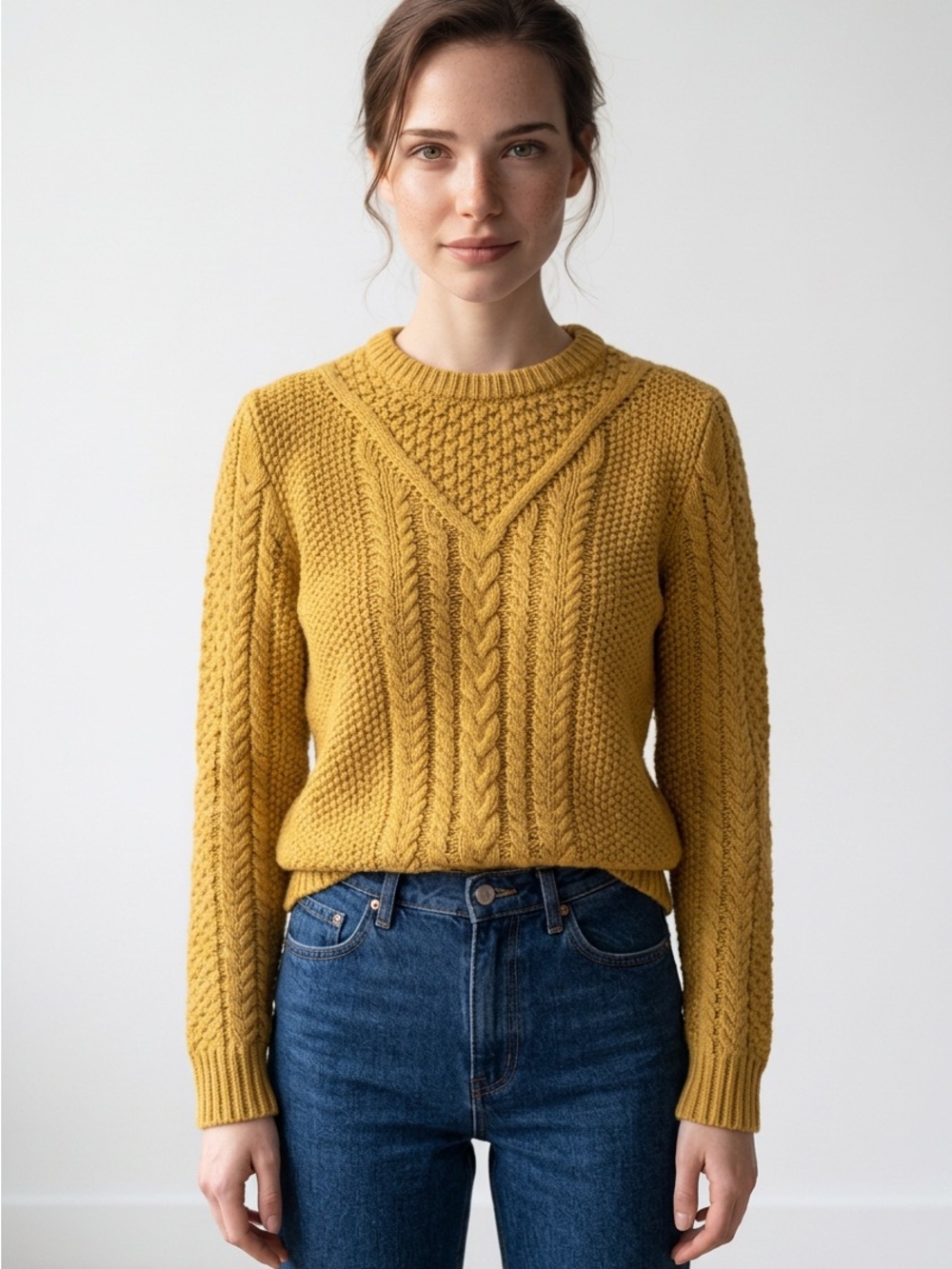 L.L. Bean Mustard Yellow Cable Knit Crewneck Sweater
